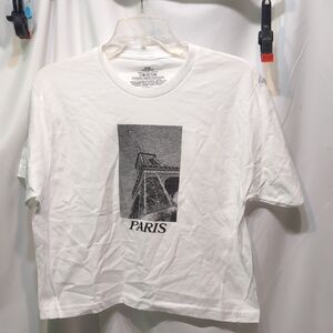 White Graphic Tee with Paris Print Size Medium. New Without Tags